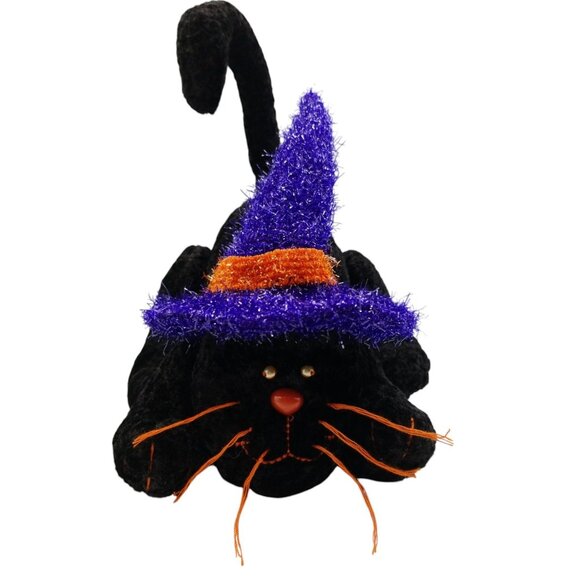 Halloween Black Cat Plush With Purple & Orange Witch Hat Posable Tail - Picture 1 of 16